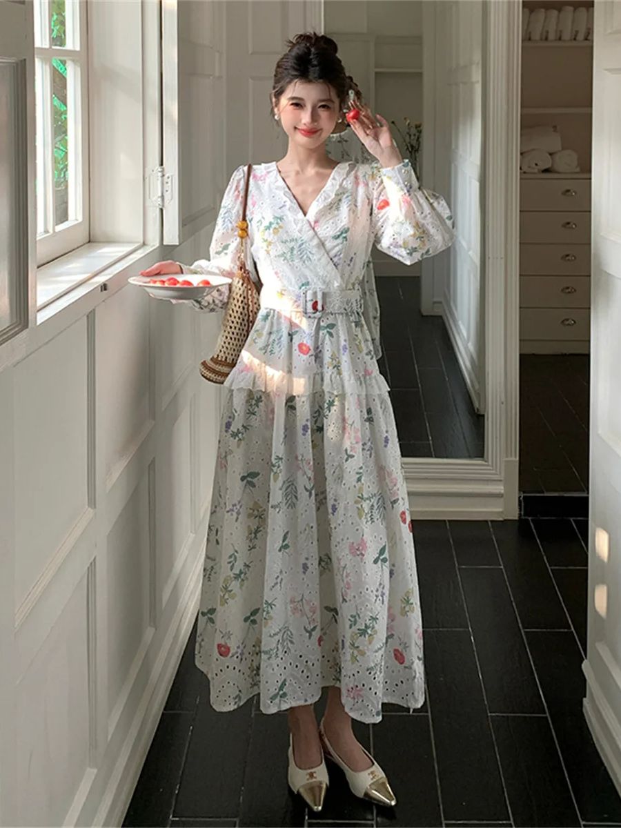 French Vintage Floral Midi Dress - Vestido midi floral com mangas estilo
