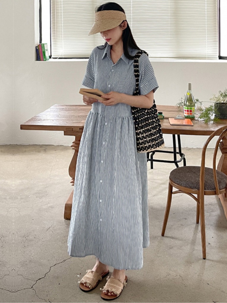 Vestido Camisa Listrado Estilo - Casual Loose Linen Shirt Dress avaliação e preço